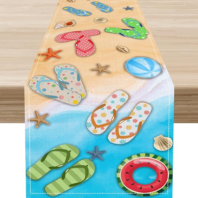 Blue Sea Waves Starfish Table Runner, Tropical Summer Flower Clear Sea Water Coffee Table Center Decor for Family Kitchen Wedding Party and Living Room Farmhouse Table Decorations, 13" X 72"