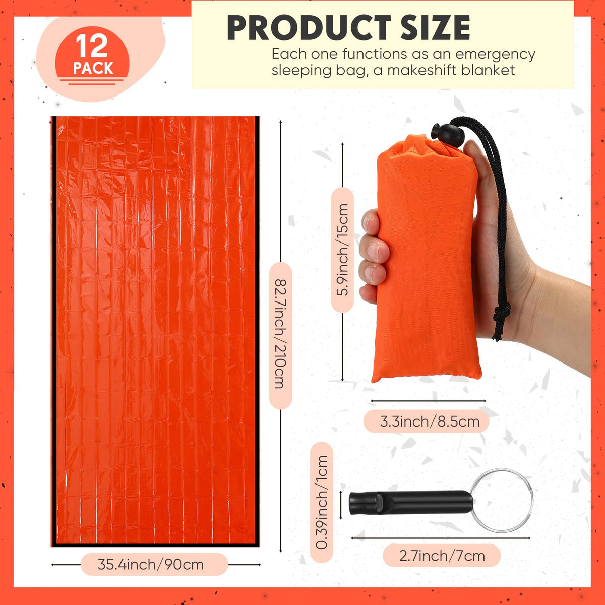 Qunclay 12 Set Emergency Sleeping Bag Survival Bivvy Sack Blanket with Whistles Lightweight Portable Thermal Survival Bag Thick Tent with Hood Extension Nylon Stuff Sack (Orange,82.7 x 35.4 in)