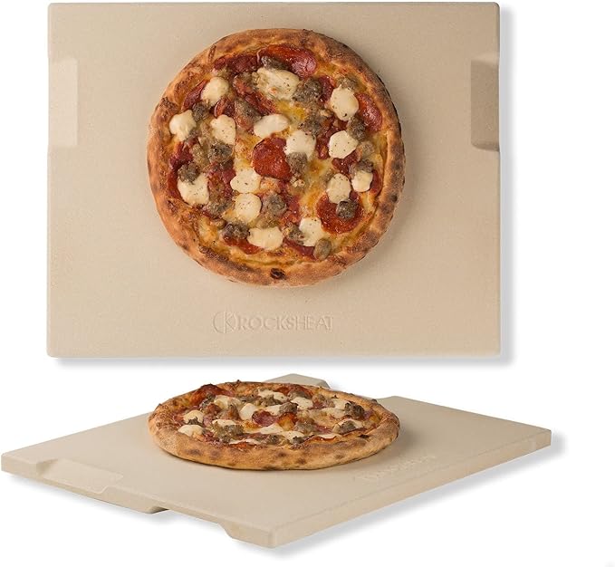 Pizza Stone 15x12 Inch Rectangular, Cordierite Baking Stone for Oven Grill BBQ, Crack Resistant with 4 Built-in Handles for Crispy Crust Bread Cookies