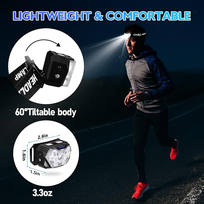 Lsnisni 9 LED Headlamp Rechargeable, 2000 Lumen Super Bright 10 Modes Motion Sensor Head Lamp with White Red Light, Ultralight and Waterproof Headlight Flashlight with USB C Cable for Camping Hiking