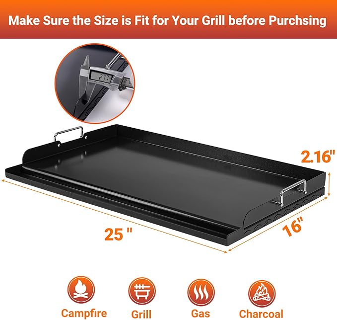 Skyflame Nonstick Griddle Top for Gas Grill, 25"x16" Large Cooking Area Flat Top Griddle with Grease Groove and High Sidewalls, Fit for Camping, Tailgating, Parties