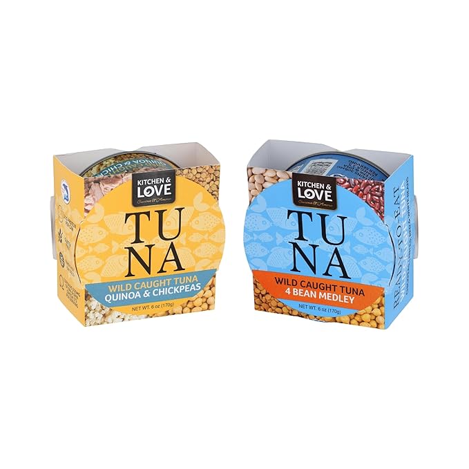Kitchen & Love Wild Caught Tuna Variety Pack, 4 Bean Medley in Olive Oil 6 oz and Quinoa & Chickpeas in Olive Oil 6 oz (8 Pack)