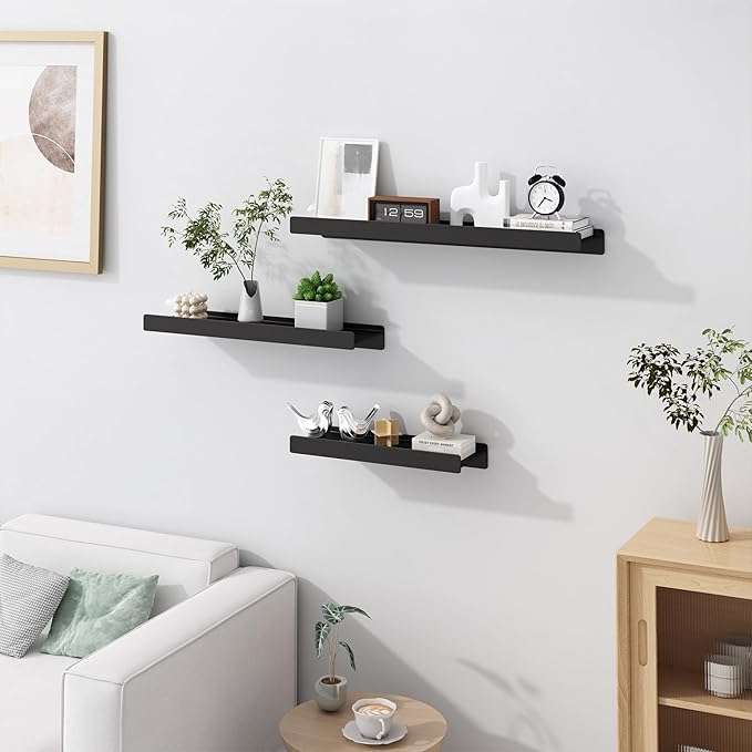 Small Shelves for Wall, Metal Floating Shelves Wall Mounted with Lip for Storage No Wobble, Heavy Duty Wall Shelves for Bathroom/Kitchen/Bedroom/Small Spaces, Black 16 inch 2 Pack
