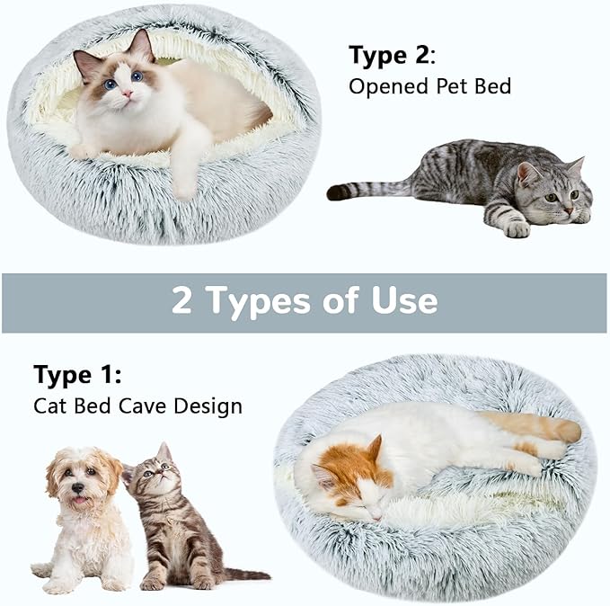 Calming Cat Beds, Fluffy Plush Round Cat Cave Washable, Cozy Warming Anti-Slip Small Dog Bed for Puppy and Kitten, Soft Anti Anxiety Pet Nest (20×20 inch, Grey)
