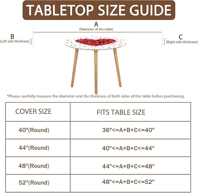 Valentines Day Round Fitted Tablecloth with Elastic Red Love Heart Circle Table Cloth for 48-52" Tables Wipeable Waterproof Washable Valentine Decorative Table Cover for Picnic Dining Party Decor