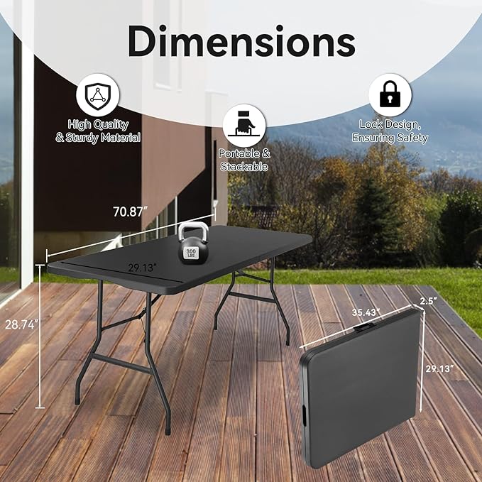 10 Pack of 6 Foot Foldable Table with Built in Handle & Steel Legs ,Heavy Duty Portable ,Perfect for Party, Dining, Wedding, Events, Picnic Indoor, Outdoor, Camping, Utility, Folding(Black-10pac)