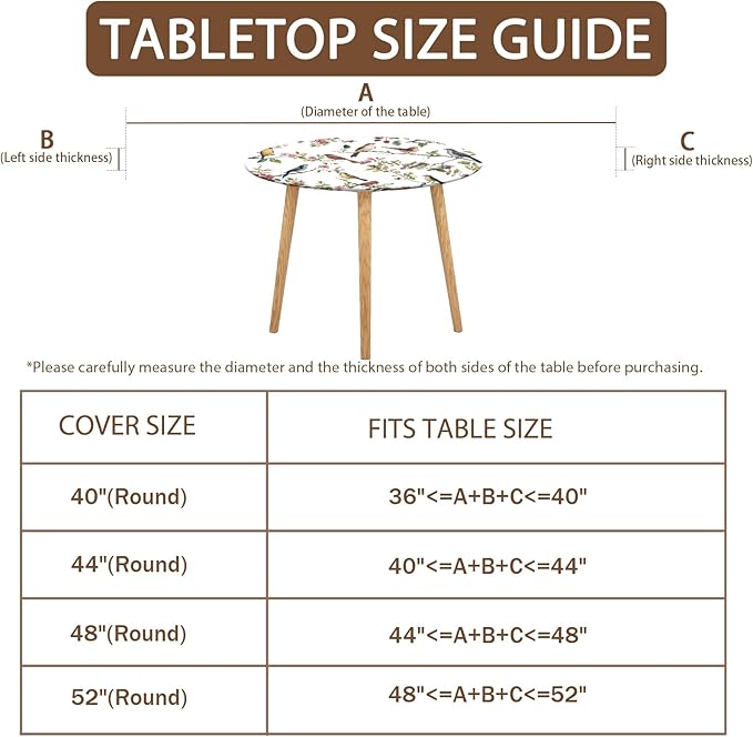 Spring Summer Round Fitted Tablecloth with Elastic Edge Bird Floral Easter Circle Table Cloth for 44-48" Round Tables Wipeable Waterproof Hummingbird Flower Table Cover for Outdoor Picnic Dining Decor