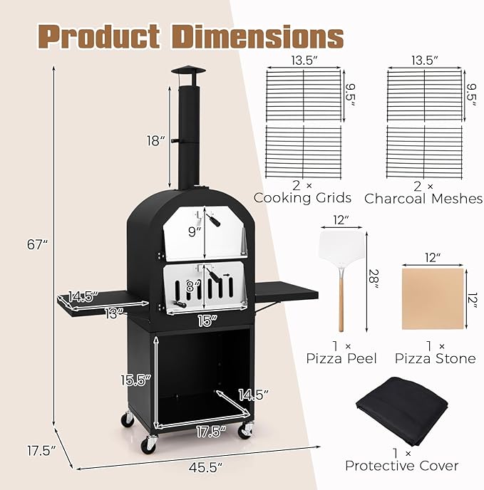 HAPPYGRILL Outdoor Wood Fired Pizza Oven w/Firewood Storage, Side Shelves, Patio Pizza Maker wi/Pizza Stone & Peel, 2 Cooking Grills & Thermometer, Portable Pizza Stove for Backyard Party Camping