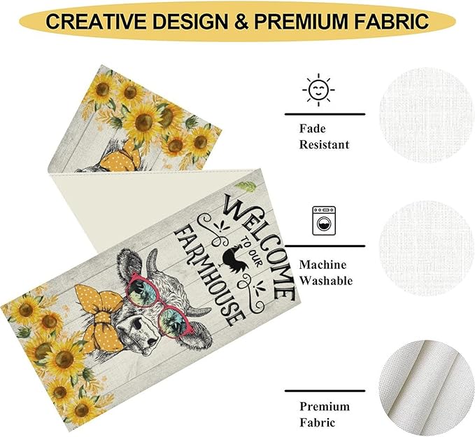Farmhouse Cow Table Runner, Rustic Yellow Sunflower Floral Buffalo Animals Spring Coffee Farm Table Center Decor for Family Kitchen and Living Room Country Holiday Party Table Decorations, 13" X 36"