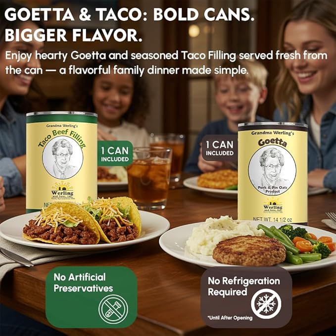 Werling & Sons Canned Meat Variety Pack 14.5 oz – Fully Cooked & Ready to Eat | 2 Beef, 2 Chicken, 2 Hamburger, 1 Turkey, 1 Pork, 1 Shredded Pork, 1 Goetta, 1 Sausage, 1 Taco | Pantry Staples, Emergency Food, Camping Meals | Pack of 12