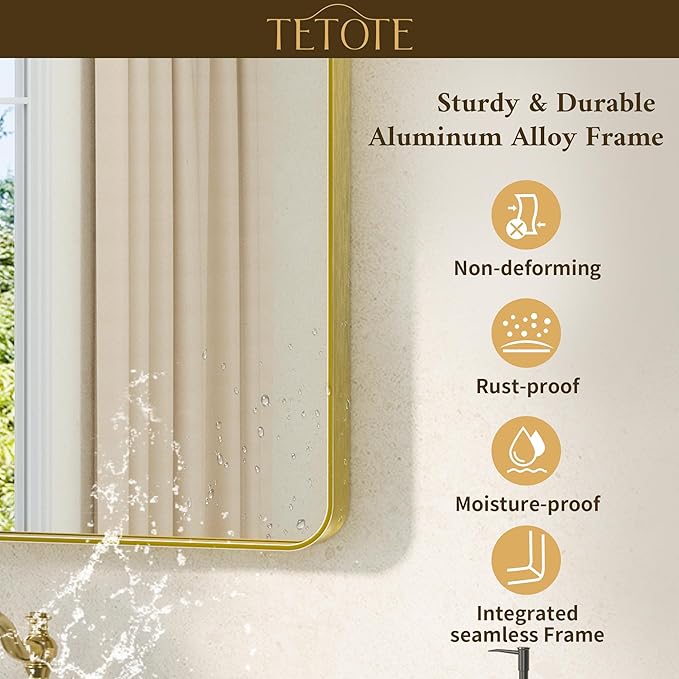 TETOTE 72 x 36 Inch Gold Framed Mirror Vanity Mirrors for Wall Decor Brushed Gold Bathroom Mirrors, Tempered Glass, Modern Farmhouse Wall Mounted Mirror for Decorative(Horizontal/Vertical)
