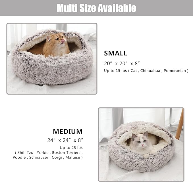 Calming Dog Beds & Cat Cave Bed with Hooded Cover,Removable Washable Round Beds for Small Medium Pets,Anti-Slip Faux Fur Fluffy Coved Bed for Improved Sleep,Fits up to 15/25 lbs(Medium,24"x24")