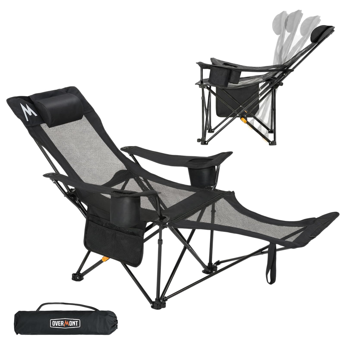 Overmont Reclining Camping Chair with Footrest - 4-Position Adjustable Backrest Lightweight Folding Lounge Chair for Adults with Pillow Carry Bag - Support 300LBS Portable for Outdoor Beach Lawn Patio