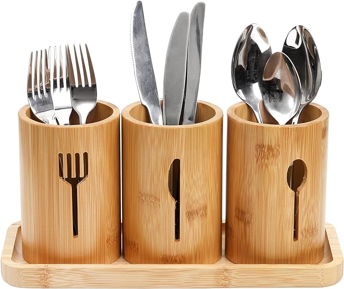 Lyellfe Silverware Holder, Bamboo Utensil Organizer with Tray, Kitchen Cutlery Flatware Holder Organizer for Spoons, Knives and Forks, Ideal for Kitchen and Restaurant