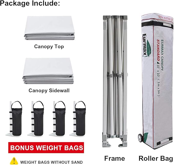 Eurmax USA 10'x10' Pop-up Canopy Tent Commercial Instant Canopies with 4 Removable Zipper End Side Walls and Roller Bag, Bonus 4 SandBags(White)