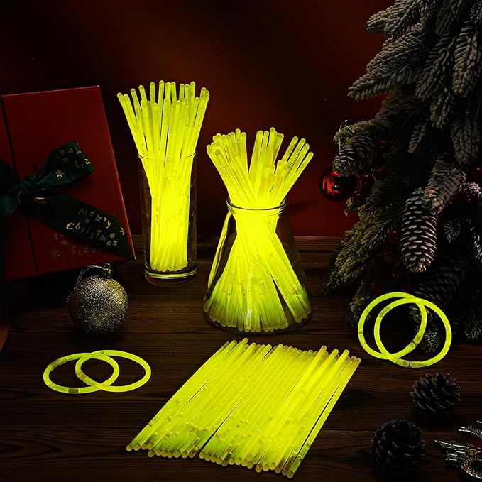 Hanaive 300 Pcs Glow Sticks Bulk 8 Inch Glow in The Dark Party Favors Neon Bracelets and Necklaces Light up Sticks with Connectors for Holiday Birthday Party Supplies(Yellow)