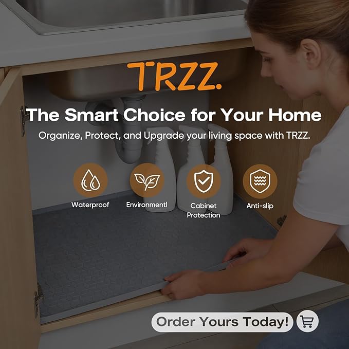 TRZZ Silicone Waterproof Under Sink Mat 31" x 22", Drip Tray and Cabinet Liner for Kitchen and Bathroom, Prevents Water Damage and Organizes Cabinets (Black)