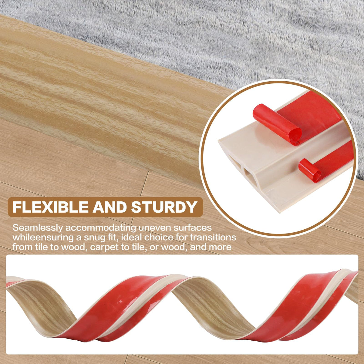 Floor Transition Strip Vinyl Door Threshold Ramp Self Adhesive Carpet Edging Strip Doorway Edge Trim (6.6 Foot)