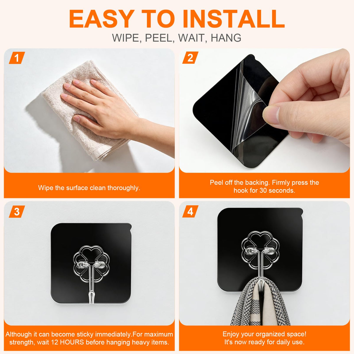 Heavy Duty Adhesive Hooks for Hanging 50lb (8 Count)