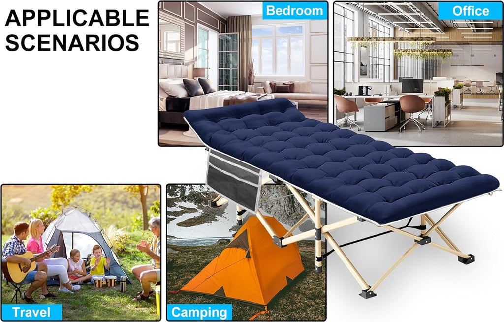 ARAER Camping Cot with Mattress 450LBS Portable Folding Outdoor Bed with Carry Bag for Adults Kids, Heavy Duty Cot for Traveling Gear Supplier, Office Nap, Beach Vocation and Home Lounging (Navy blue)