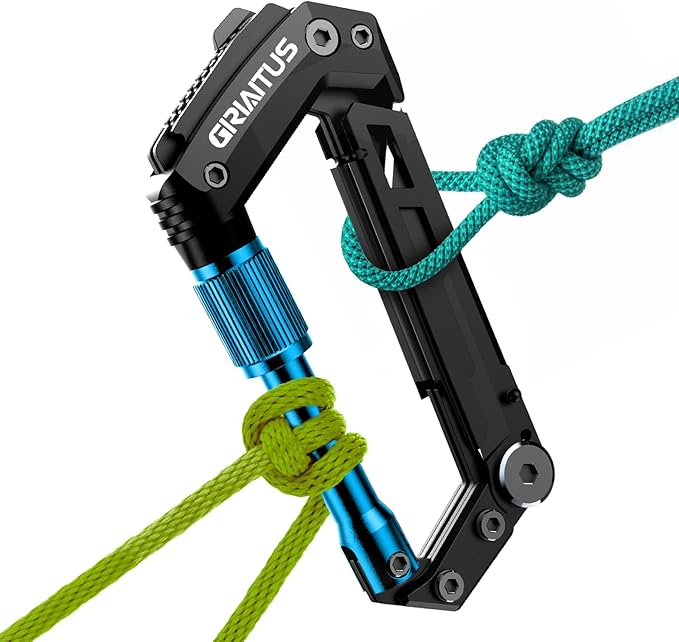 Carabiner Multitool with Pocket Knives, EDC Carabiners, Serrated Knife, Rope Cutter, Screwdriver, Can Bottle Opener, Ruler, Folding Knife for Camping Hiking, Stocking Stuffers Gifts for Men (Blue)