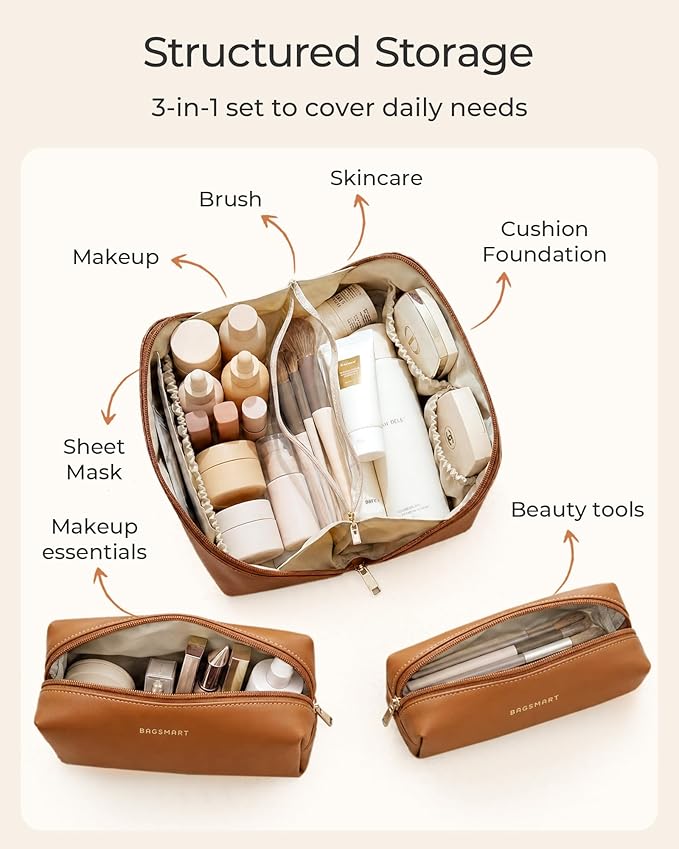 BAGSMART Makeup Bag Travel 3 Pcs Set Cosmetic Bag, Large Make Up Bag Flat Open Toiletry Bag for Women, PU Leather Travel Essentials Organizer Case, Wide-open Pouch for Skincare, Brushes,Dark Green