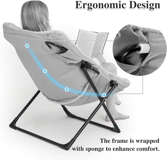 Comfy Saucer Chair for Adults, Soft Faux Fur Bedroom Chair, Accent Dorm Chairs, Flexible Living Room Reading Chairs, Oversized Folding Seat for Teens, X-Large, Black