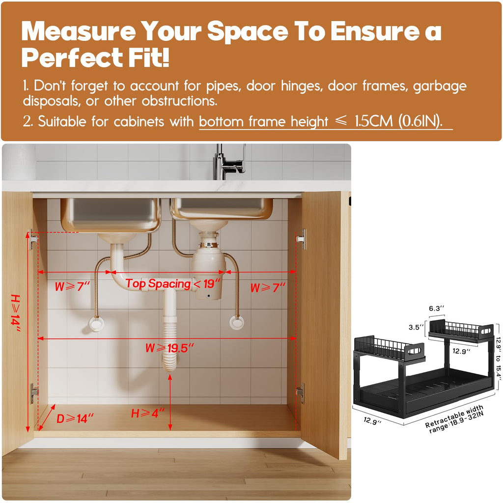 1 Pack-19"-32"W Expandable Under Sink Organizer With Upgrade Ball-Bearing Slide,2-Tier Pull Out Under Cabinet Organizer Height Adjustable,Not Suitable For Cabinets With Partitions In The Middle