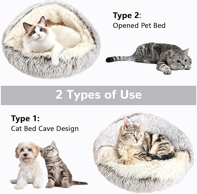 Calming Cat Beds, Fluffy Plush Round Cat Cave Washable, Cozy Warming Anti-Slip Small Dog Bed for Puppy and Kitten, Soft Anti Anxiety Pet Nest (20×20 inch, Coffee)