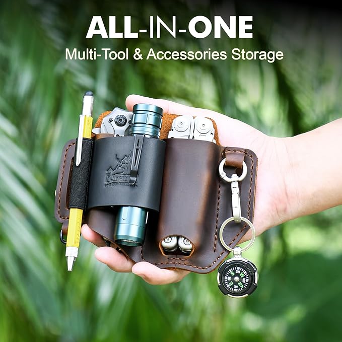 FLYHOMES Genuine Leather Multitool Sheath | Handmade Stitched EDC Belt Organizer for Leatherman Surge | Flashlight, Knife Holster, Pen & Tools Pouch | Dark Brown + Black (Large)