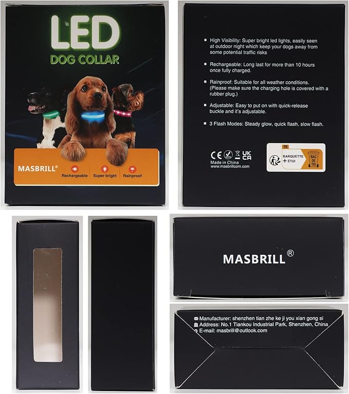 MASBRILL Light Up Collar, Glow LED Rechargeable Flashing Night Walking Collar - Waterproof, 4 Colors, 3 Sizes for Small to Large Dogs