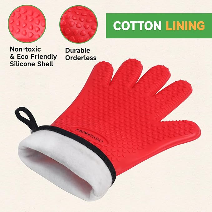 GEEKHOM BBQ Gloves Heat Resistant Oven Mitts - Silicone Grilling Gloves with 13.7" Arm Protection - Waterproof Pot Holder Non-Slip for Men & Women, Kitchen Outdoor Cooking, Baking, Camping, Red