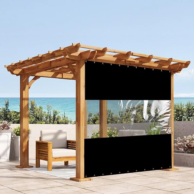 Covers & All Outdoor Clear Panel Curtain, 12 oz Vinyl Outdoor Curtains for Patio, Weather Resistant Waterproof Tarp with Brass Grommets for Pergola, Porch, Gazebos, Balcony (8'H x 9'W Feet, Black)