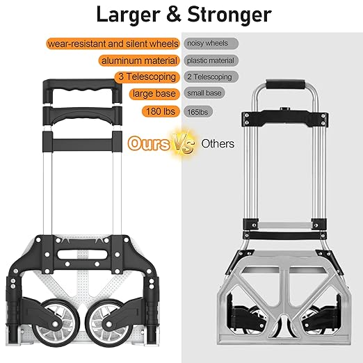 Folding Hand Truck - Aluminum Portable Dolly Cart with Telescopic Handle, Bungee Cord - Compact Lightweight Foldable Luggage Cart for Moving, Home, Auto, 180lbs, Black