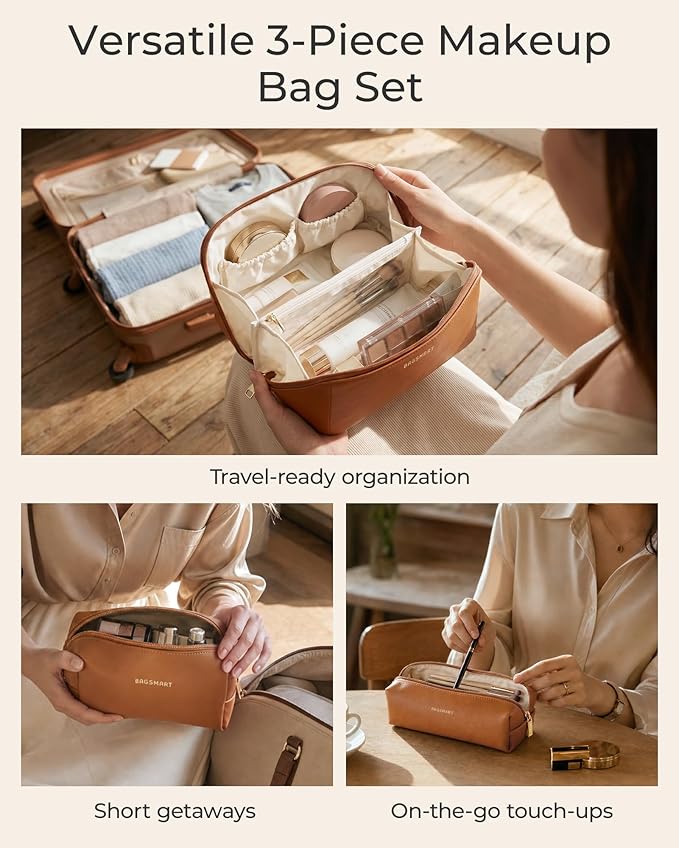 BAGSMART Makeup Bag Travel 3 Pcs Set Cosmetic Bag, Large Make Up Bag Flat Open Toiletry Bag for Women, PU Leather Travel Essentials Organizer Case, Wide-open Pouch for Skincare, Brushes,Dark Green