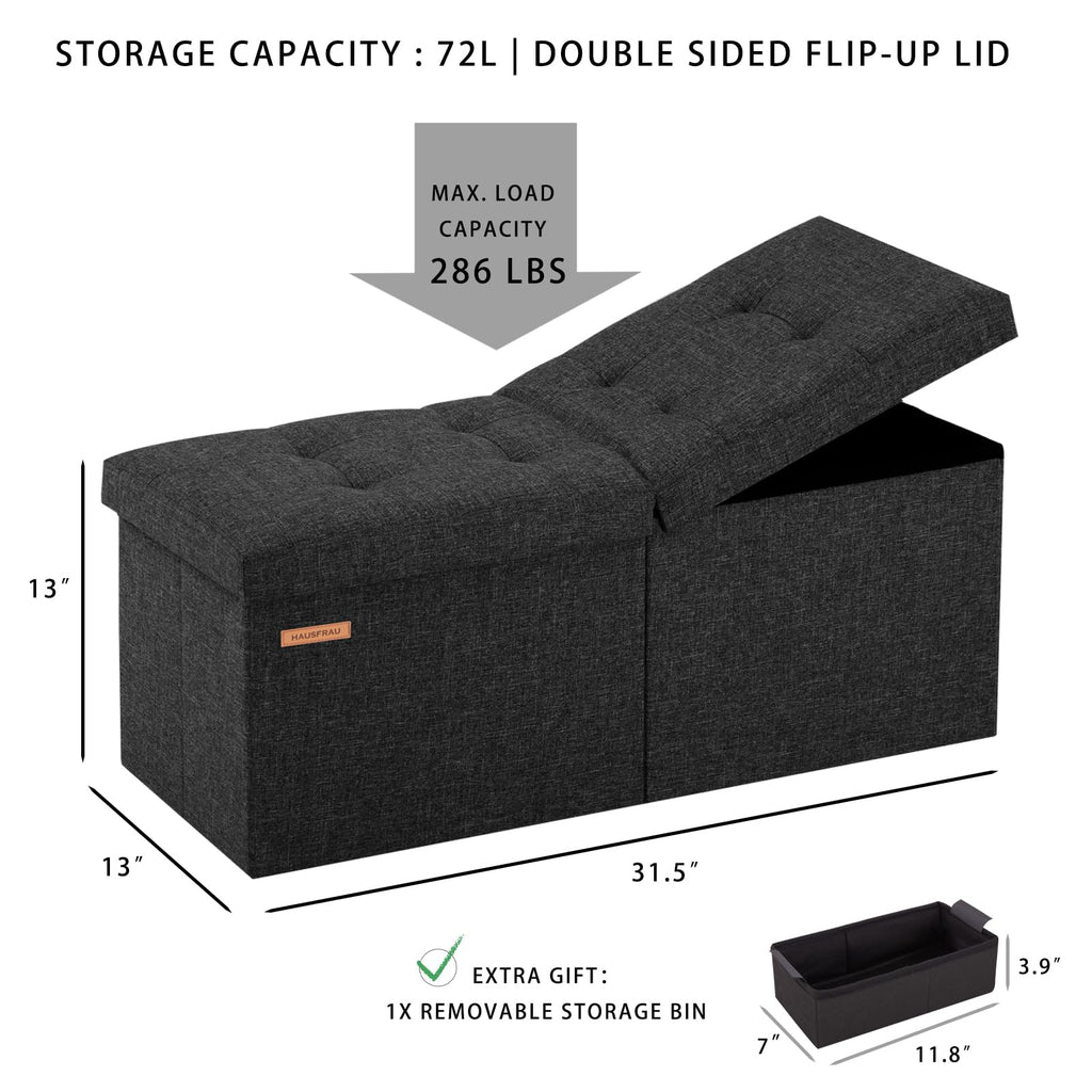 Ottoman with Storage Bench Folding Foot Rest Stool Linen Black
