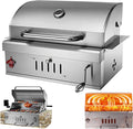 28 Inch Built In Charcoal Grills, Stainless Steel Charcoal bbq Grill Built In with Liftable Charcoal Tray, Rain Fabric cover, Insulated Hood and Temperature Gauge, for Outdoor Camping, Cooking