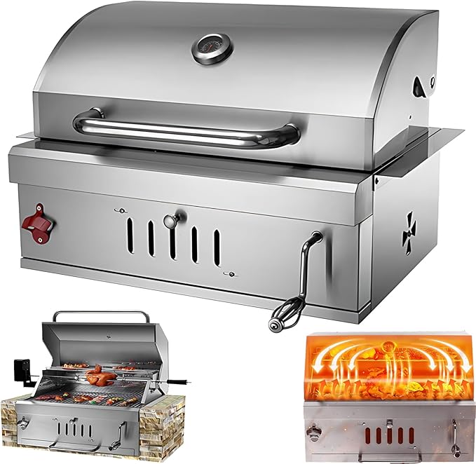 28 Inch Built In Charcoal Grills, Stainless Steel Charcoal bbq Grill Built In with Liftable Charcoal Tray, Rain Fabric cover, Insulated Hood and Temperature Gauge, for Outdoor Camping, Cooking