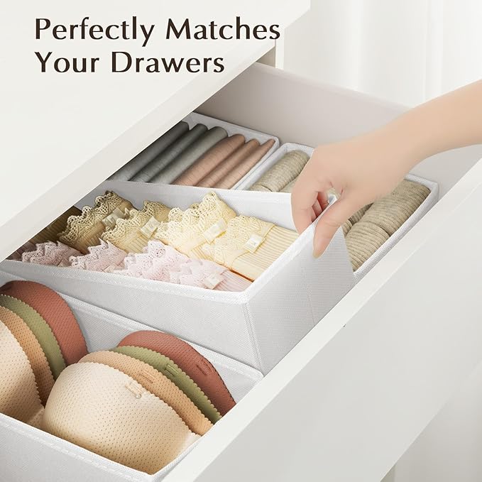 DIMJ Drawer Organizers - Set of 4 Fabric Closet Organizers and Storage, Drawer Dividers for Baby Clothes, Socks, Belt, Tie (White)