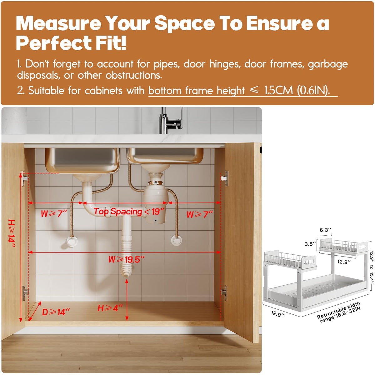 1 Pack-19"-32"W Expandable Under Sink Organizer With Upgrade Ball-Bearing Slide,2-Tier Pull Out Under Cabinet Organizer Height Adjustable,Not Suitable For Cabinets With Partitions In The Middle