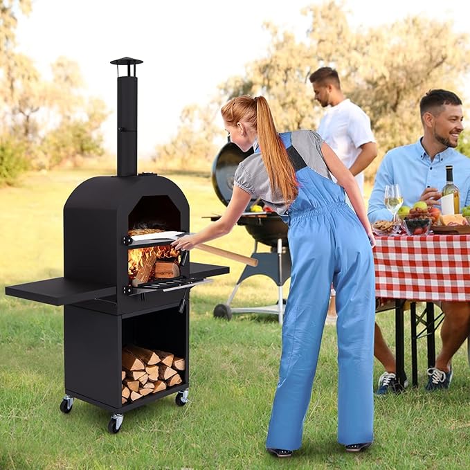 HAPPYGRILL Outdoor Wood Fired Pizza Oven w/Firewood Storage, Side Shelves, Patio Pizza Maker wi/Pizza Stone & Peel, 2 Cooking Grills & Thermometer, Portable Pizza Stove for Backyard Party Camping