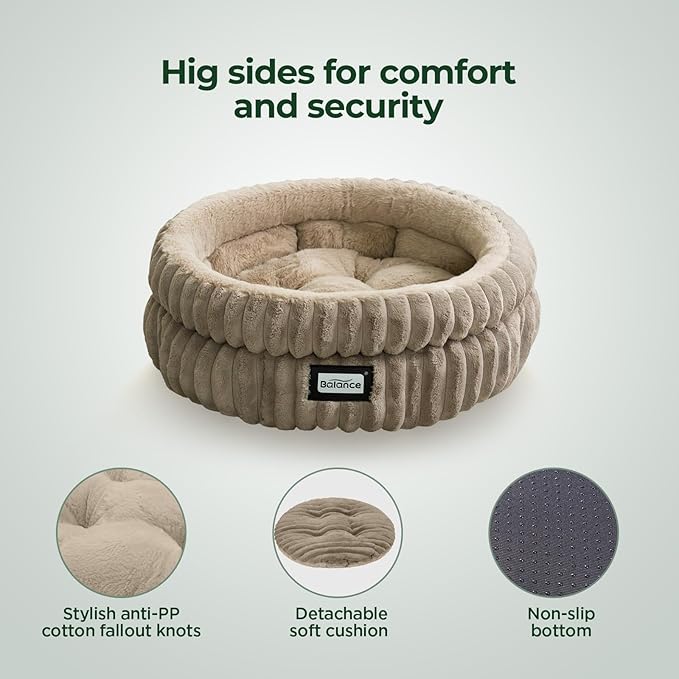 BALANCE Cat Bed Kitten Bed, Washable Round Cat Beds for Indoor Cats,Super Soft Plush Faux Fur Pet Bed for Puppy and Kitten with Anti-Slip Bottom