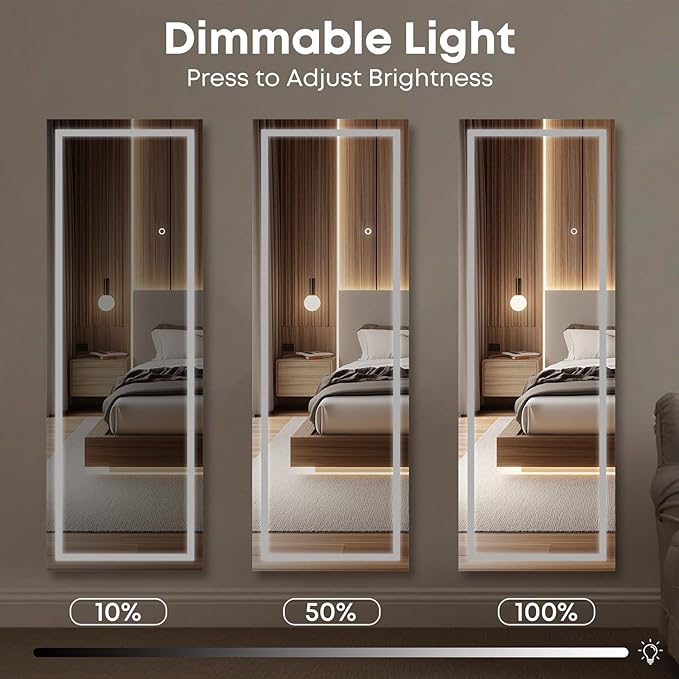 Kosmonia 56"x18" Full Length LED Mirror with Lights, Dimmable Standing/Wall Mirror for Bedroom, Full Body Lighted Floor Mirror, Tempered Glass, Easy Setup w/Stand, Wall/Standing