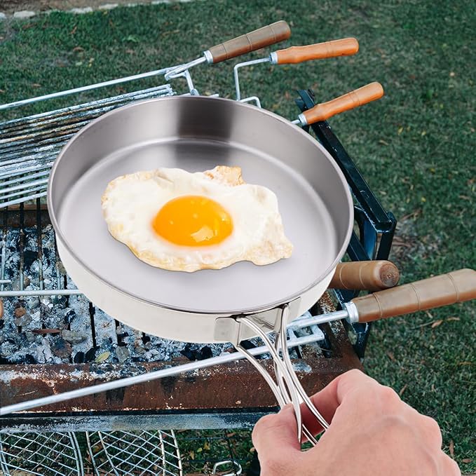 Stainless Steel Camping Frying Pan, 5.82x5.82x1.18inch Portable Outdoor Cooking Pot with Handle Lightweight Non Stick Cookware for Hiking Picnics and Backpacking