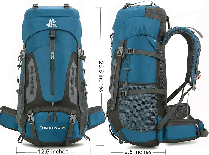 Bseash 60L Hiking Camping Backpack with Rain Cover, Waterproof Large Capacity Outdoor Sport Travel Daypack Climbing Touring (Blue Green)