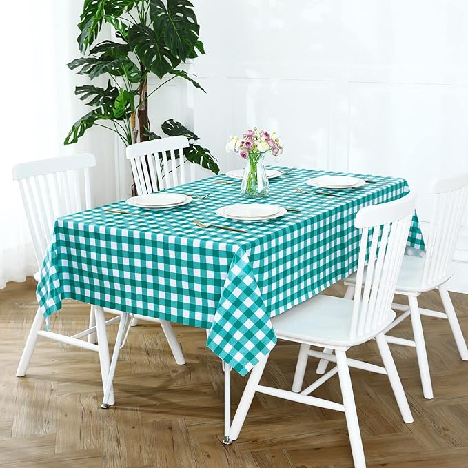 Romanstile Rectangle Vinyl Tablecloth, 100% Waterproof Buffalo Gingham Plastic Table Cloth, Heavy Duty Wipeable Checkered Table Covers for Outdoor, Camping, Picnic, Patio - 54 x 120, Teal Green