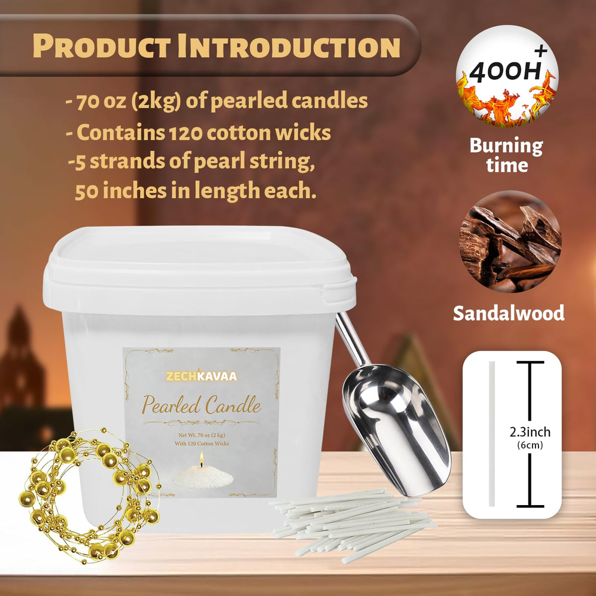 Sandalwood Scented White Pearled Candle 70.5oz Luxury Sand Candle Granulated Wax (70.5 Ounce)