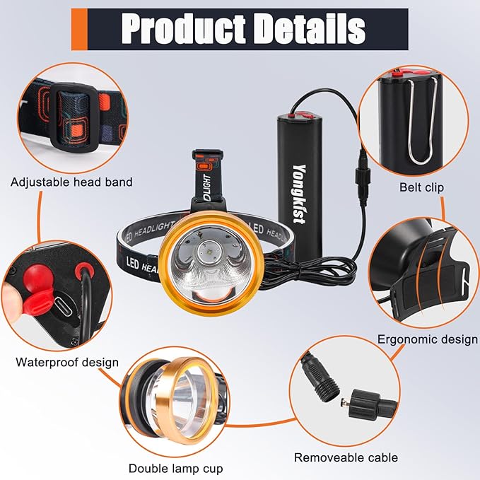 Super Bright Headlamp Rechargeable LED Headlight with Battery, High Power Waterproof Spotlight Flashlight Torch, Coon Hunting Light for Outdoor Camping, Hiking, Fishing, Running, Garden Work