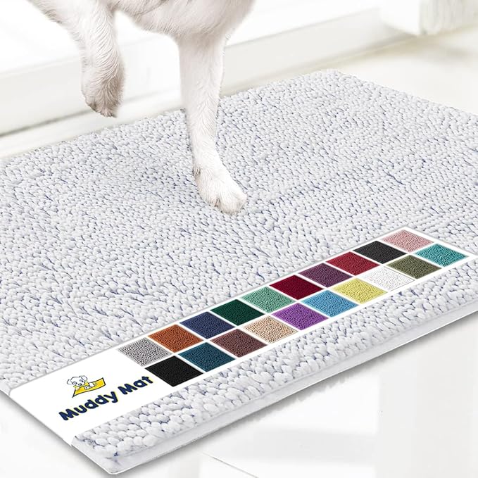 Muddy Mat® Shown on TV – Super Absorbent Microfiber Dog Door Mat for Muddy Paws, Non-Slip Washable Pet Rug, Quick Dry Chenille Entryway Carpet, Machine Washable Indoor Outdoor mat, White 30"x19"