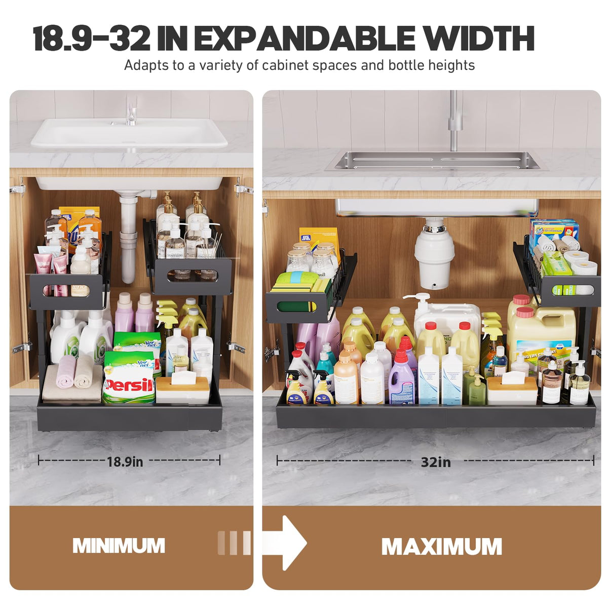 1 Pack-19"-32"W Expandable Under Sink Organizer With Upgrade Ball-Bearing Slide,2-Tier Pull Out Under Cabinet Organizer Height Adjustable,Not Suitable For Cabinets With Partitions In The Middle